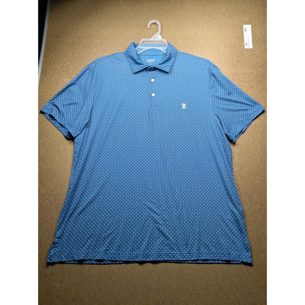 IZOD Golf Mens Large Blue Geometric Print Short Sleeve Performance Polo Shirt